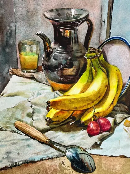 A still life of bananas and plums, used as an example for my complete watercolor course. It's a study in capturing the different shapes and colors of fruit.