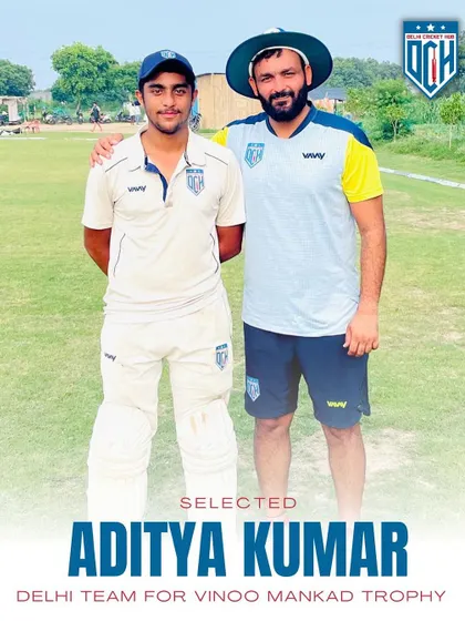 Congratulations to Aditya Kumar on his selection for the Delhi Team in the Vinoo Mankad Trophy. This is a huge step in his career and a proud moment for the academy.