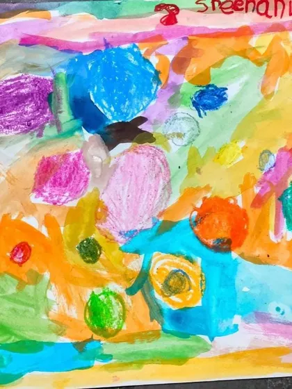 An abstract and wonderfully chaotic piece from our online "Dot Day" class, full of energy and color.
