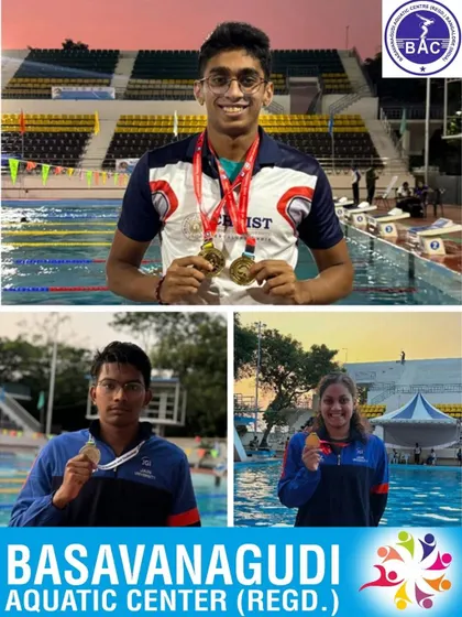Celebrating the university champions Aneesh, Anumati, and Manikanta.