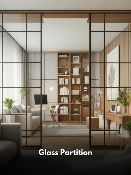 A glass partition with a black metal frame is a timeless choice for dividing spaces like a home office from a living area. It provides sound insulation while keeping the visual connection.