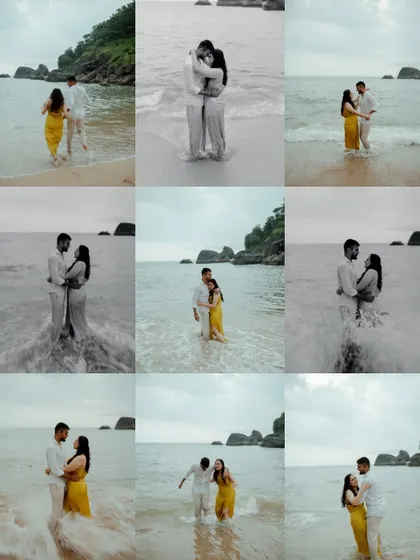 A collection of playful moments in the waves at a Goa beach. This collage is full of energy and laughter, showing the fun and spontaneous side of a pre-wedding shoot.