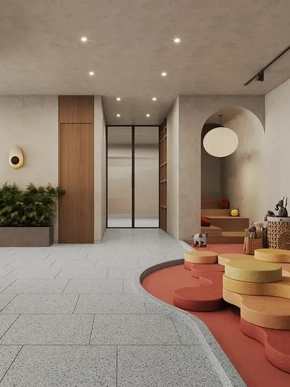 This is a rendering of the children's play area for our 'Sanctum' residential project. We designed a vibrant and safe space with soft, multi-level seating, a colorful wall mural, and ample room for activities, creating a hub for the community's youngest residents.