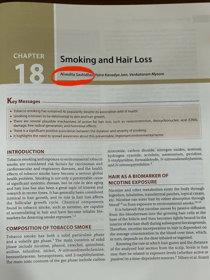 A closer look at my chapter, "Smoking and Hair Loss." My research delves into how nicotine exposure can damage hair follicles and accelerate pattern hair loss, a topic I frequently discuss with my patients.