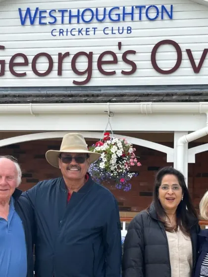 With my wife Manali and friends at the Westhoughton Cricket Club, a place that holds special memories for me.