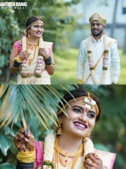A collage capturing the candid smiles and interactions of the bride and groom on their wedding day.