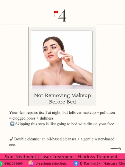 Not removing makeup before bed is like going to sleep with dirt on your face. This clogs pores and hinders the skin's natural repair process, which is vital for healing pigmented spots and preventing dullness.