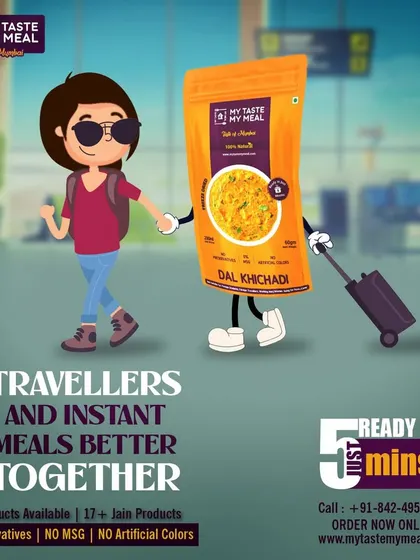 Travelers and my instant meals are better together. This cartoon shows how my Dal Khichdi can be your best travel companion.