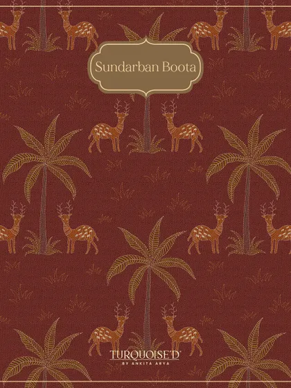 A swatch of the Sundarban Boota wallpaper. This design isolates the deer and palm tree motifs from the main jaal, creating a simpler, more rhythmic pattern that still tells a story of the forest.