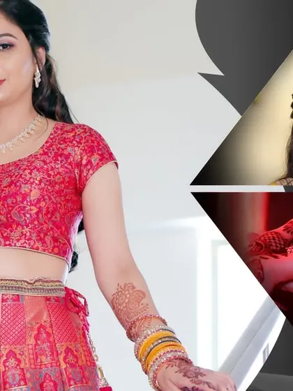 A collage for a wedding album, showcasing the bride's vibrant outfit and close-up details from her engagement or Roka ceremony.