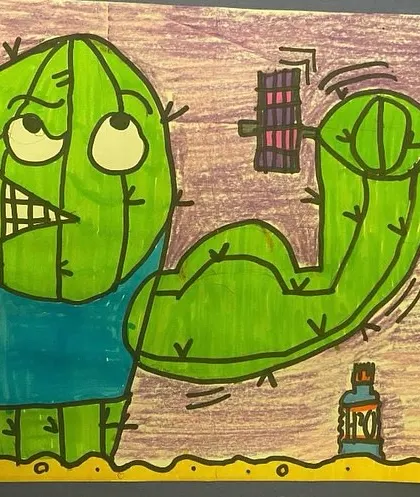 This determined cactus is focused on its workout. Through fun themes like this, we teach fundamental drawing skills like line, shape, and conveying personality.