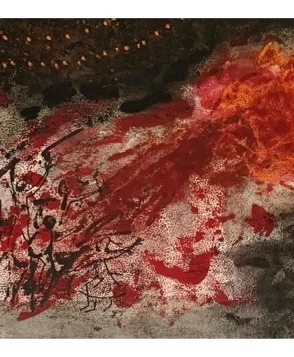 'Festival' by Rekha Rao, an acrylic on paper that captures the explosive energy of Diwali fireworks. Her abstract style conveys the emotion and chaos of celebration, a theme that resonates deeply within Indian culture.