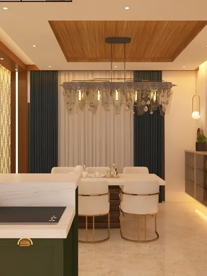 This image captures the dining area as seen from the kitchen, highlighting the crystal chandelier and custom glass-fronted cabinetry. The layout promotes easy interaction between the kitchen and dining spaces.