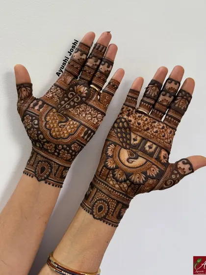 A short-length Indian designer mehendi for the back of the hands, featuring peacocks and floral details.