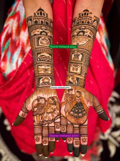 A full-story mehandi with portraits on the palms and various wedding rituals illustrated in panels up the arms.