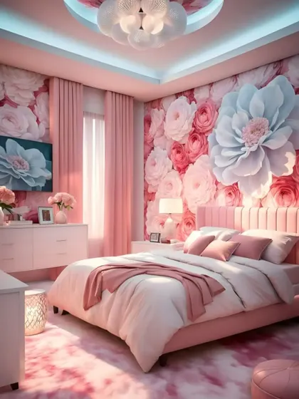 A dreamy, romantic bedroom design with a wall of 3D paper flowers. The all-pink and white color scheme, along with soft lighting, creates a whimsical and feminine space.
