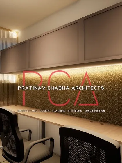 A visualization of the workstation area for the Hari Mandir office, featuring under-cabinet lighting and a textured backsplash for a refined look.