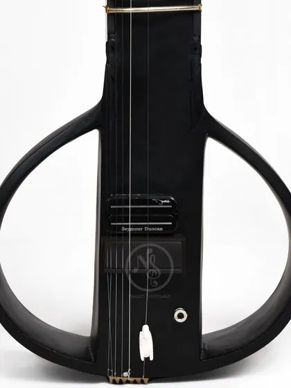 A close-up of our black electric sitar's modern, minimalist body design. It features a Seymour Duncan pickup for a high-quality electric tone.