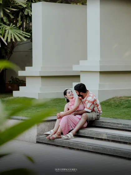 A quiet moment shared on a set of steps during a pre-wedding session in Bangalore. I use architectural elements and natural light to create beautifully composed couple portraits.