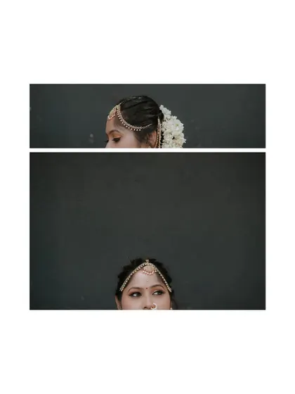 An artistic and minimalist diptych, focusing on the bride's profile and eyes, creating a sense of mystery and beauty.