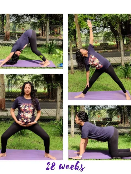 This mama at 28 weeks is practicing outdoors, connecting her breath with movement in poses like Downward-Facing Dog and Goddess Pose.