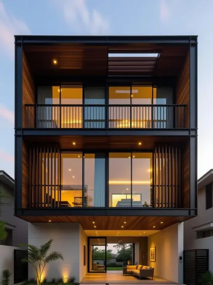 A frontal view of a modern home where we provided a complete facade solution. This includes the large windows, balcony railings, and the striking vertical louvers that offer privacy for the bedrooms.