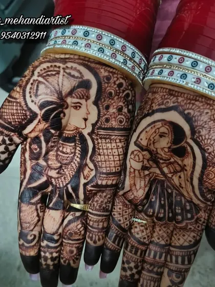 The final stain is my promise to you. This photo shows the rich, dark color achieved with my 100% natural, self-made henna paste. Look at the clarity of the bride and groom portraits, a testament to the quality of my work.