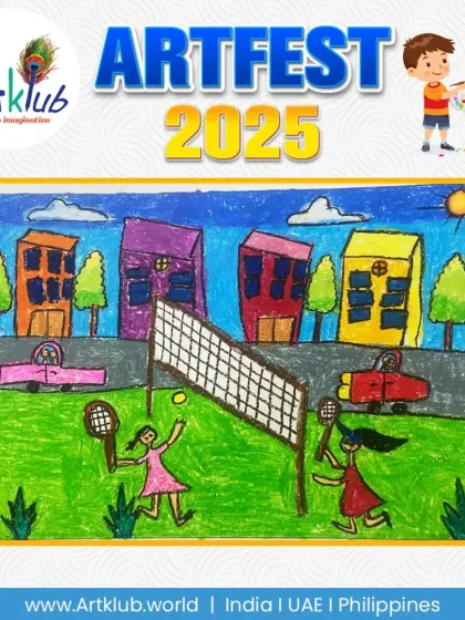 A junior artist's colourful drawing of a tennis match in a city park. The bright green court contrasts nicely with the multi-coloured buildings in the background.