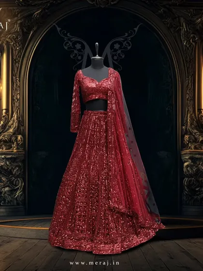 A studio shot of my exquisite red bridal lehenga. The rich color and intricate sequin work are designed for the bride who wants to make a bold and elegant statement.