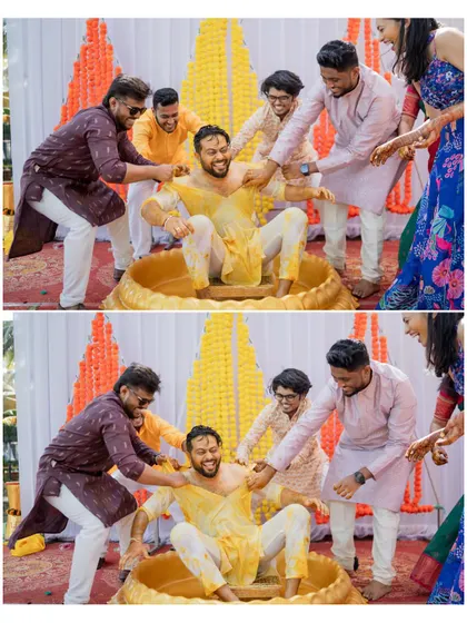 The groom's friends playfully holding him down during the Haldi ceremony, a moment of pure fun and camaraderie.