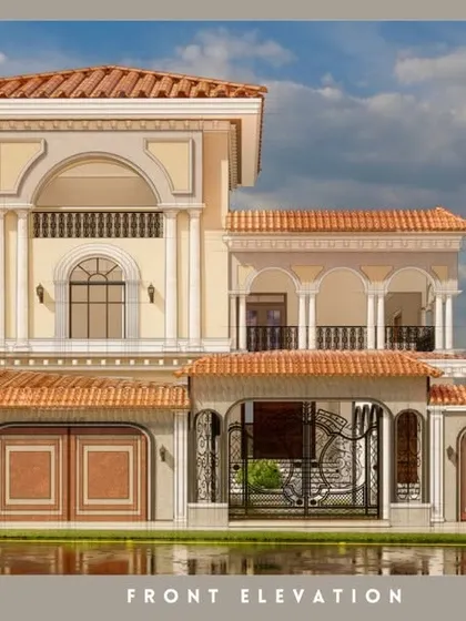 The front elevation of a grand Spanish-style house. We blend classic stucco exteriors, terracotta roof tiles, and ornate wrought iron details to create a home that exudes timeless beauty.