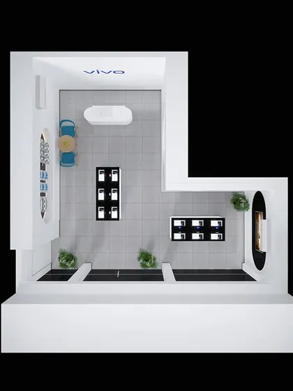 A top-down 3D view of a retail store layout for a mobile phone brand. This shows our meticulous space planning to ensure efficient use of floor space for displays, seating, and circulation.