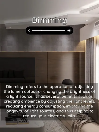 An informational graphic explaining the concept of 'Dimming', which adjusts the brightness of a light source to create ambiance and reduce energy consumption.