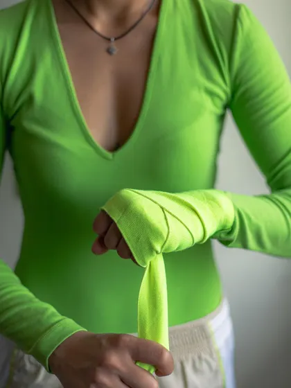 A detail shot from the fitness campaign. The neon green ribbon was a key visual element we used to add a pop of color and energy.