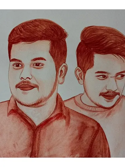 A double portrait of two friends, captured in a single frame using blood art.
