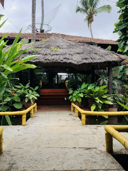 A view of the walkway leading to one of our thatched-roof structures, showcasing the blend of natural materials and lush landscaping that defines our aesthetic.