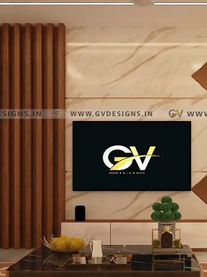 This TV unit design is a fusion of exquisite laminate and veneer, with vertical veneer rafters framing the entertainment haven. The floating base unit provides storage while maintaining a light, modern feel.