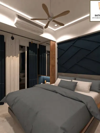 A modern bedroom concept with a dark geometric accent wall and sleek, simple furniture.