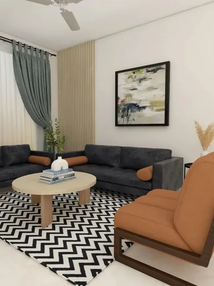 A different view of the Scandinavian living room, showing the comfortable seating arrangement and the balance of neutral colors with graphic patterns.
