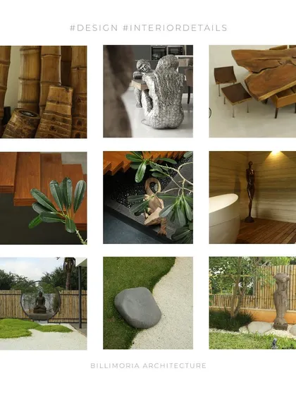 A collage of interior and exterior details from our projects. It showcases our use of natural materials like bamboo, live-edge wood, and stone sculptures, as well as our focus on creating zen-like garden spaces.