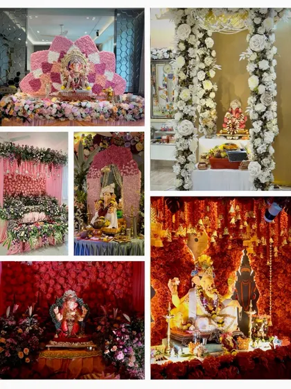 A collage of our Ganpati decor inspiration, showcasing the variety of floral themes we have created, from pink lotuses to rich red walls.