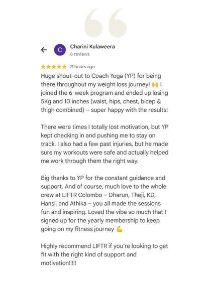 In her review, Charini gives a huge shout-out to her coach for keeping her on track and ensuring her workouts were safe, which helped her work through past injuries.