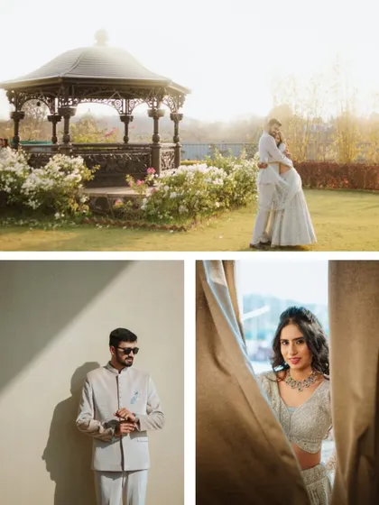 This collage showcases the variety within a single engagement shoot, from romantic embraces in a garden to stylish individual portraits with dramatic shadows.