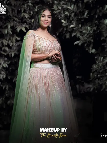 An ethereal party look. The client is wearing a beautiful sequined lehenga with cape sleeves, and I created a soft, glowing makeup look to match.