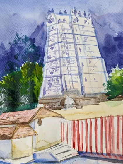 A detailed watercolor study of a South Indian temple gopuram. The artist has skillfully captured the intricate architecture and the dramatic sky.