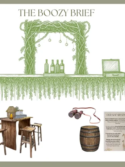 The initial design sketch, or 'Boozy Brief', for the safari-themed bar. This is where the concept begins, outlining the key elements like the vine-covered bar, barrel tables, and personal story cards.