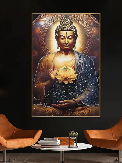 Here, the Buddha crystal glass painting is shown in a contemporary living room setting. The artwork radiates tranquility and creates a calming atmosphere, making it ideal for a meditation space or a modern home.