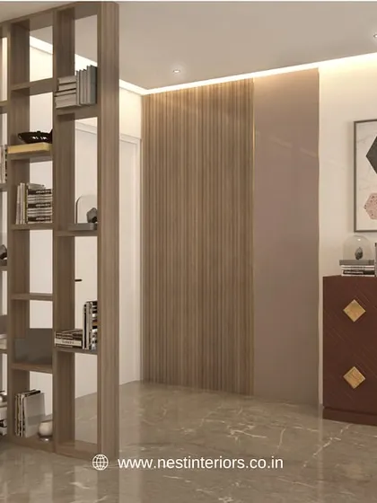 In this 3D design, I've used a wooden bookshelf as a stylish partition to define the entryway without completely blocking the view, maintaining an open and airy feel.