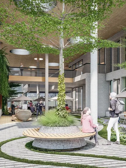 The central courtyard of the Myhome Vipina Clubhouse in Hyderabad. We broke the large building into smaller blocks connected by landscaped areas, creating a campus-like feel where the "forest" runs through the heart of the club.
