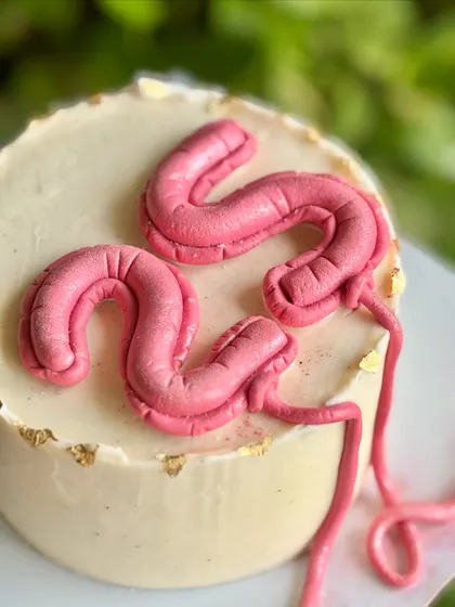 25 and serving main character energy. A close-up of the trendy pink balloon number detail on a minimalist cake, finished with a touch of gold leaf for that extra sparkle.